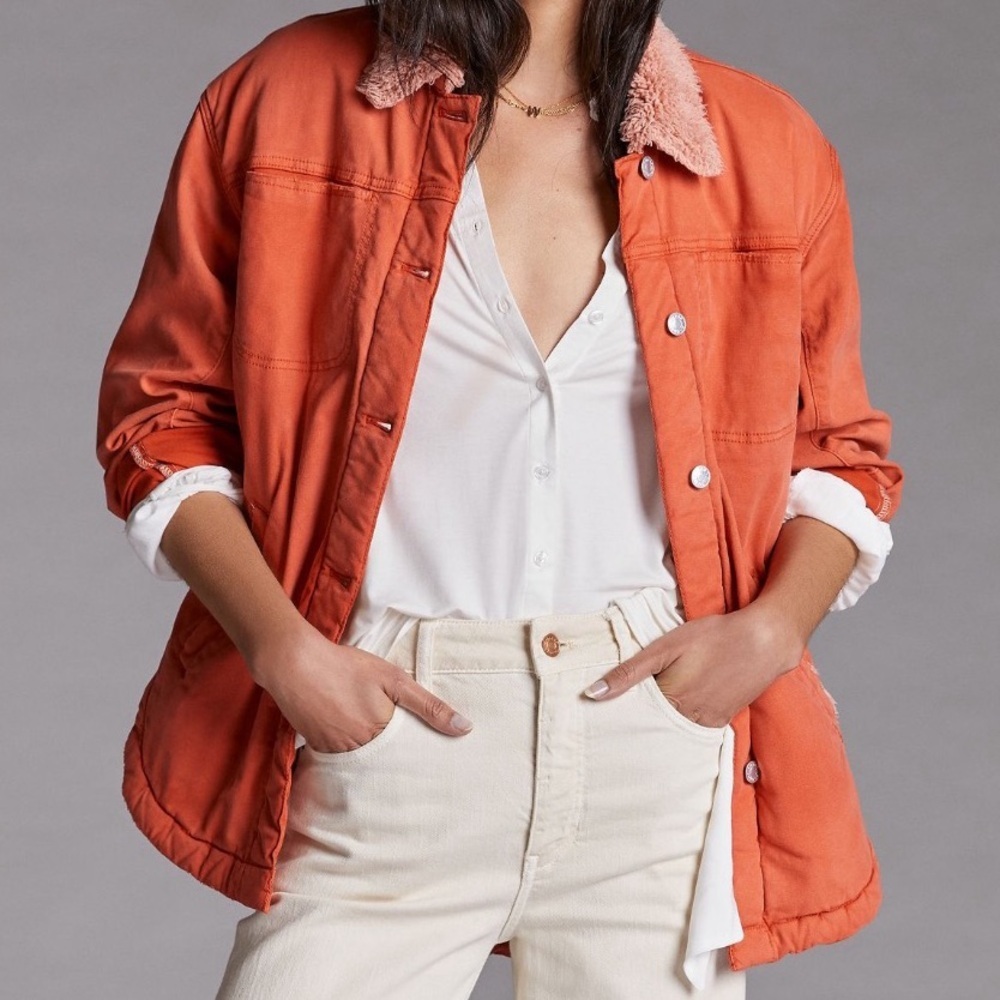 Anthropologie Pilcro Sherpa Shirt Jacket Medium Orange Size Medium